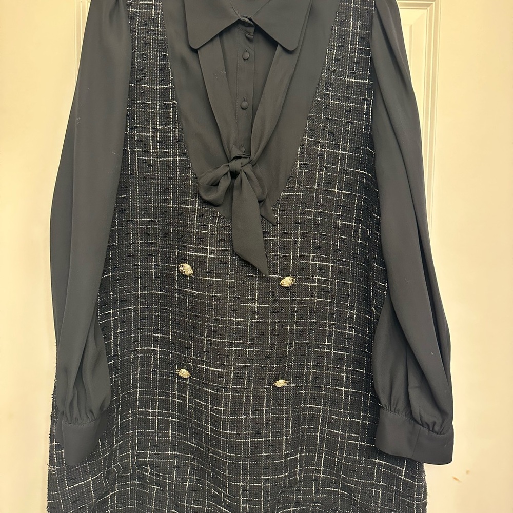 River Island - Chic Black Tweed Dress with Bow Tie Blouse